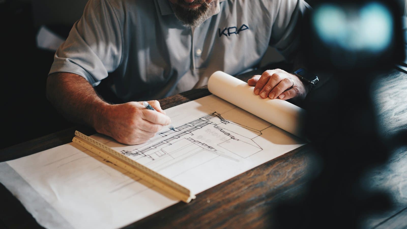 Persona dibujando planos de una obra sobre una mesa